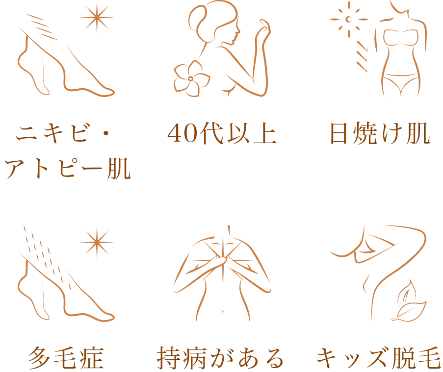 ニキビ・アトピー肌、40代以上、日焼け肌、多毛症、持病がある、キッズ脱毛